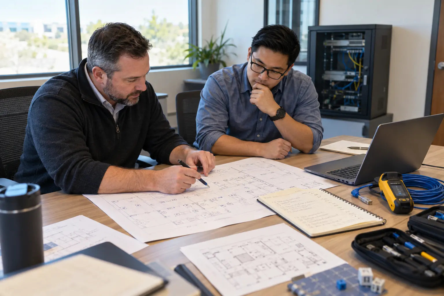 Two IT consultants reviewing network plans and equipment in an office