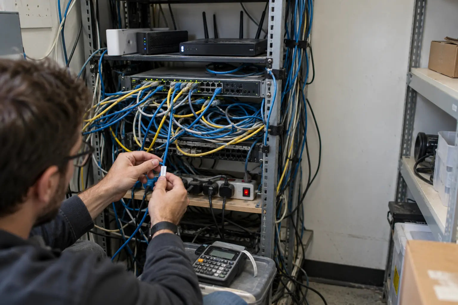 IT engineer labeling cables in an unplanned office network closet