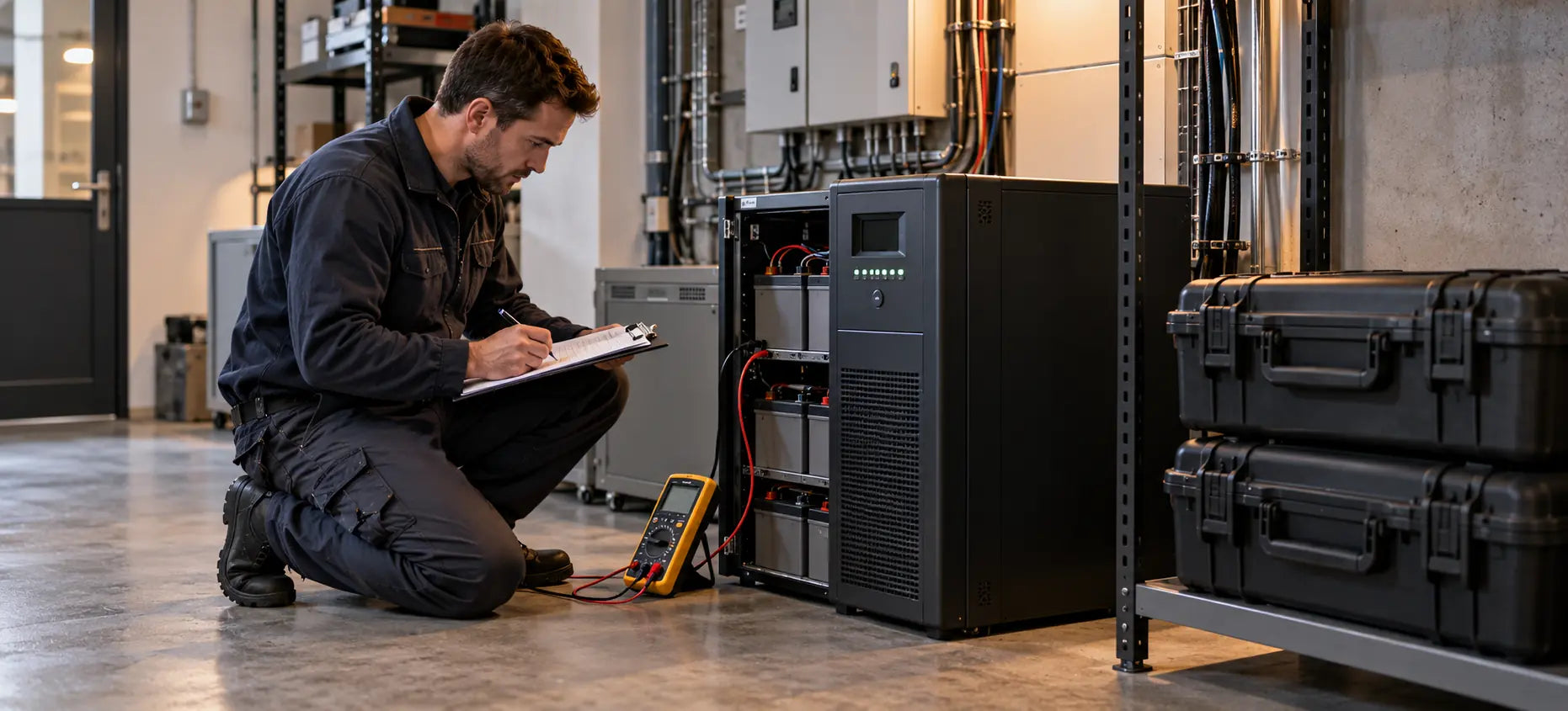 Technician checking backup power equipment and documenting results