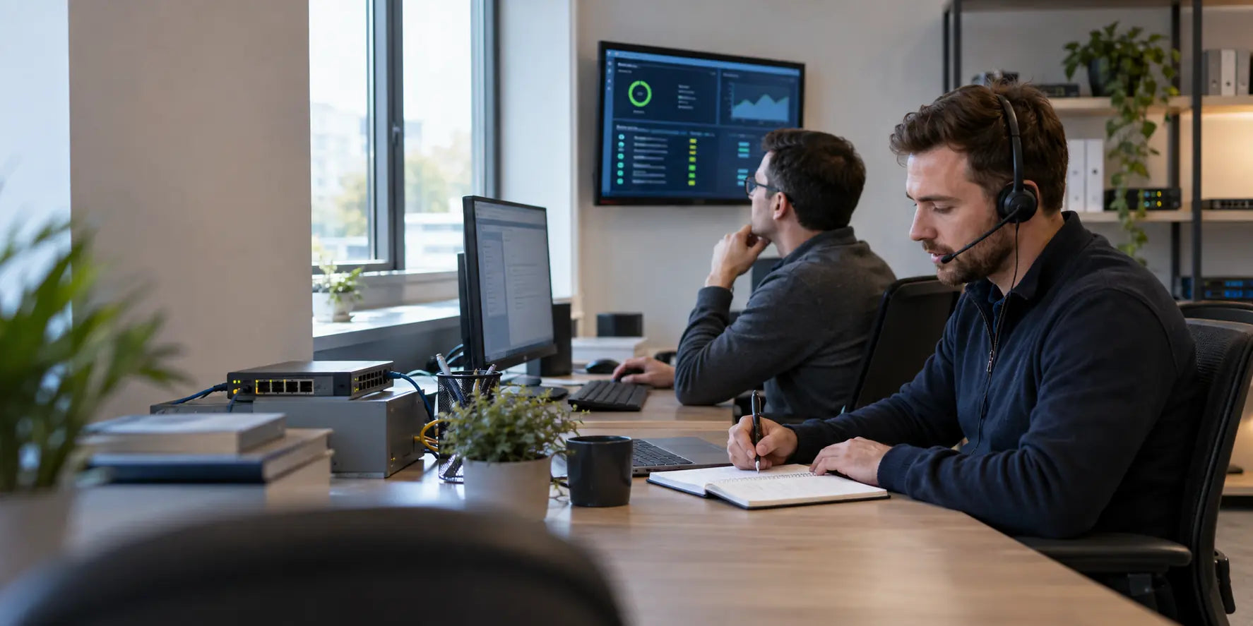 IT support engineers monitoring and documenting an incident