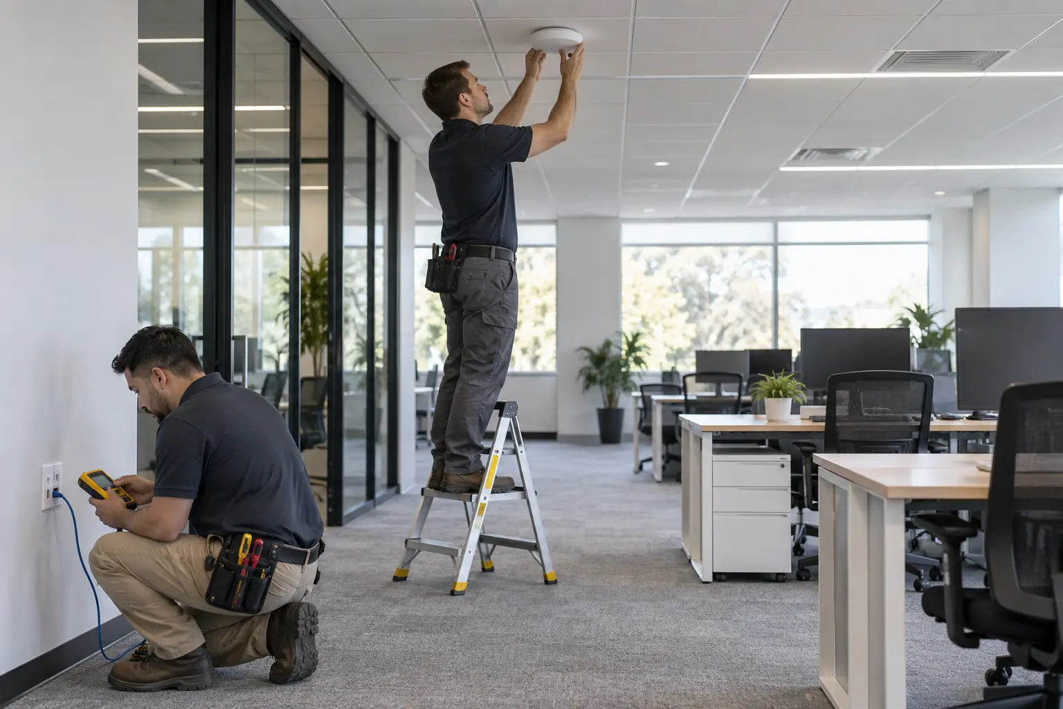 Technicians installing and testing office network equipment