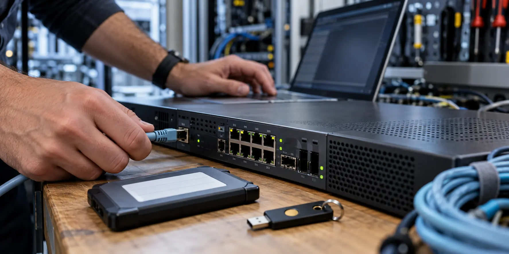 Engineer connecting a secure network appliance on a workbench